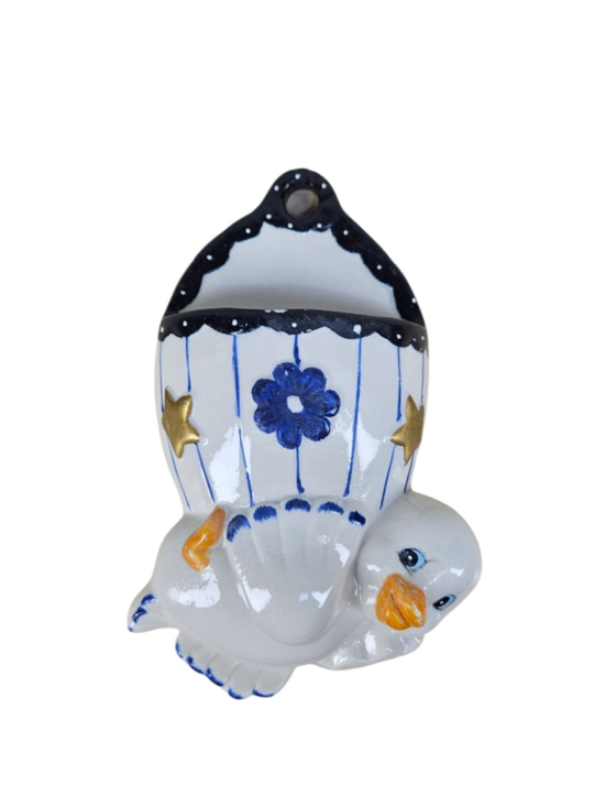 None Other - Vintage Style Blue & White Duckling Wall Pocket Ceramic Nursery Planter